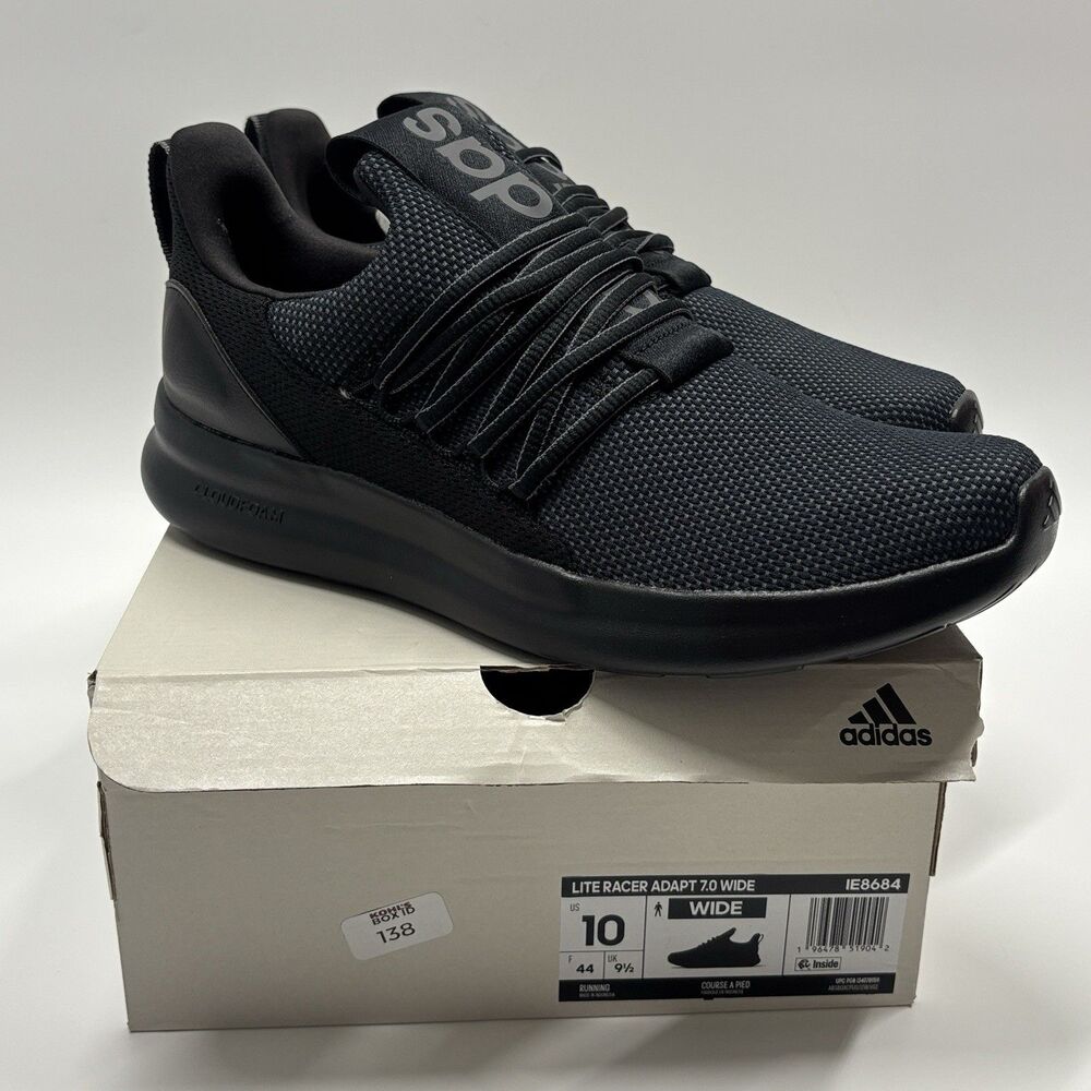 NWT Men’s Black Adidas Lite Racer Adapt 7.0 Wide Slip On Running Shoe Sz 10